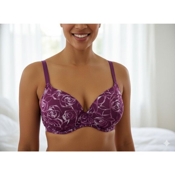 Warners Bra Size 34B 34 B Purple Rose Print Underwire Floral Flowers Padded - Picture 4 of 4